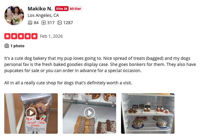 Five-star customer review from Makiko N. praising the fresh baked treats, pupcakes, and special occasion ordering