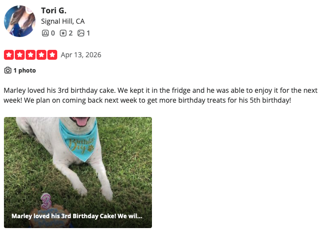 Five-star customer review from Tori G. about a birthday cake enjoyed by Marley